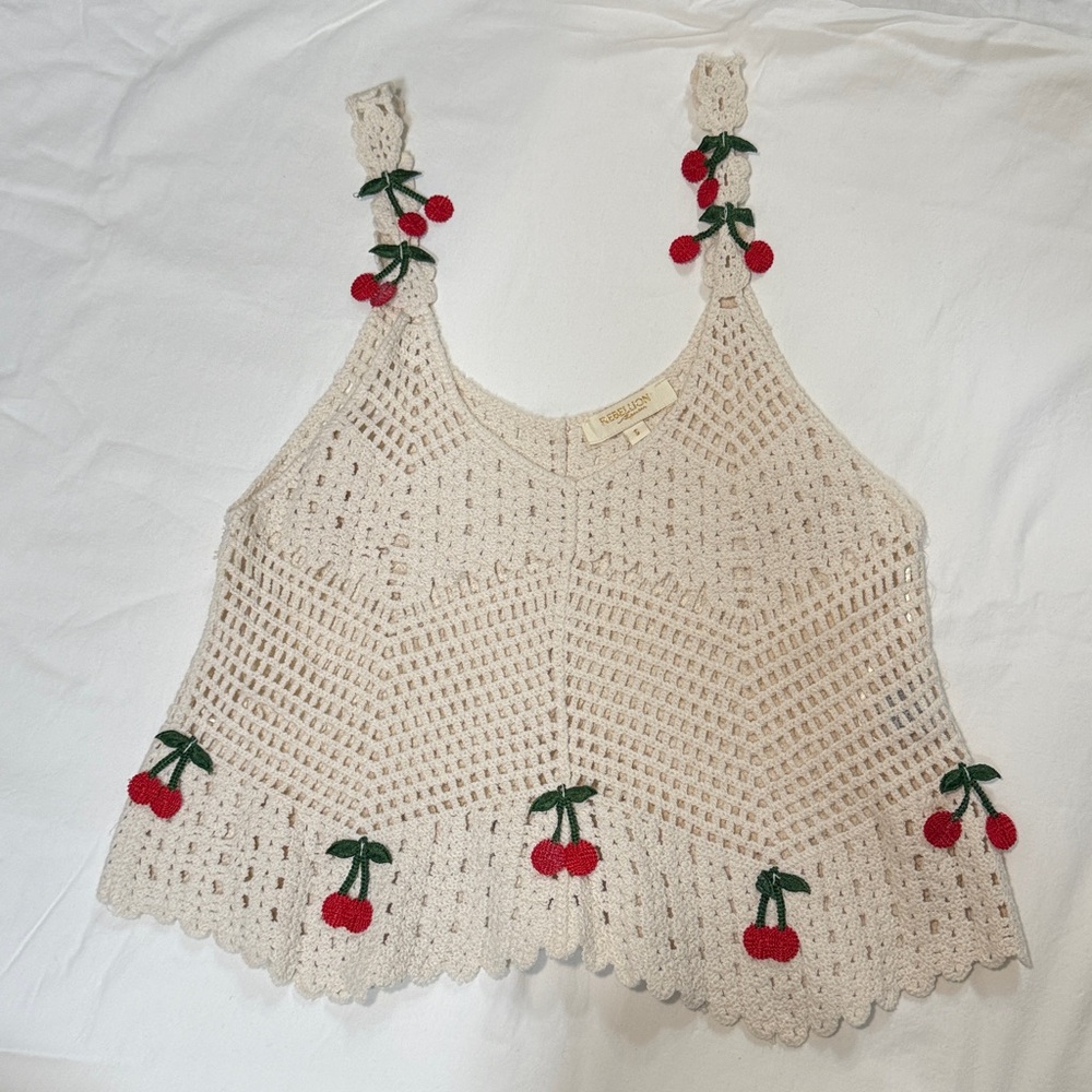Rebellion Cream Crochet Tank Top with Red Dangling Cherry Accents